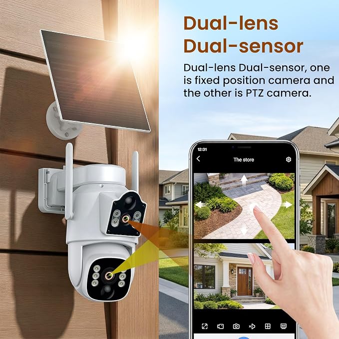 4G LTE Dual Lens Cellular Security Camera, No WiFi Solar Security Cameras Wireless Outdoor with 360° PTZ Live View, 2K Color Night Vision, Auto Tracking AI Detection, Cloud Storage, Built in SIM Card