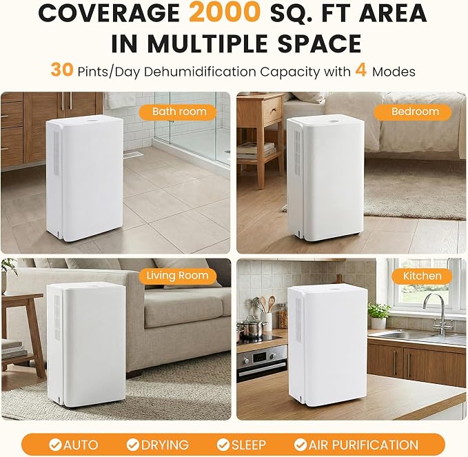 30Pints Dehumidifier with Drain Hose, 2,000 Sq.Ft Dehumidifier for Basement, 2L/0.53 Gallon Tank, Energy Star Cert. 38dB, Humidity Display Ring, Humidity Remover for Home, Bedroom & Bathroom