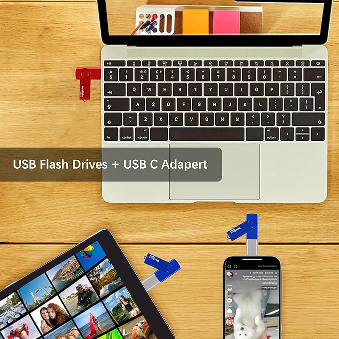 2 Pack 8GB USB 2.0 Flash Drive and 1 USB C Adapter, Thumb Drive USB Memory Stick Jump Drive, Compatible with OTG Type C Phones, Tablets, Laptop, PC (Blue, Red)