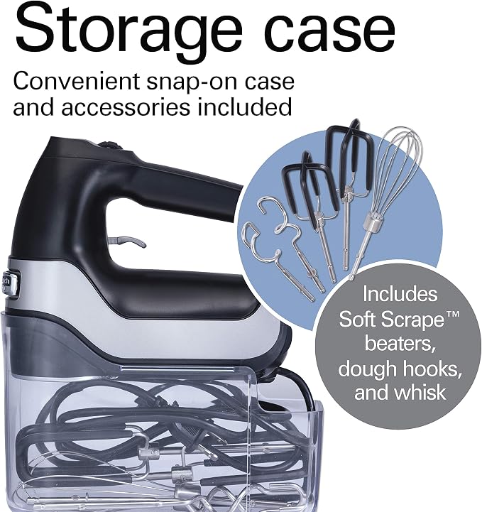 Hamilton Beach Professional 7-Speed Digital Electric Hand Mixer with High-Performance DC Motor, Slow Start, Snap-On Storage Case, SoftScrape Beaters, Whisk, Dough Hooks, Matte Black (62655)