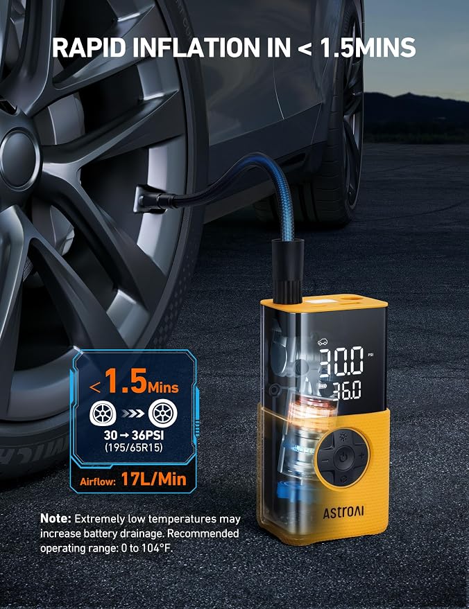 AstroAI L7S Tire Inflator Portable Air Compressor Cordless with Digital Pressure Gauge, 150 PSI LED Light Bike Air Pump with Fast Inflation & Auto Shut-Off for Car Tires,Motorcycles,Bikes,Balls,Yellow