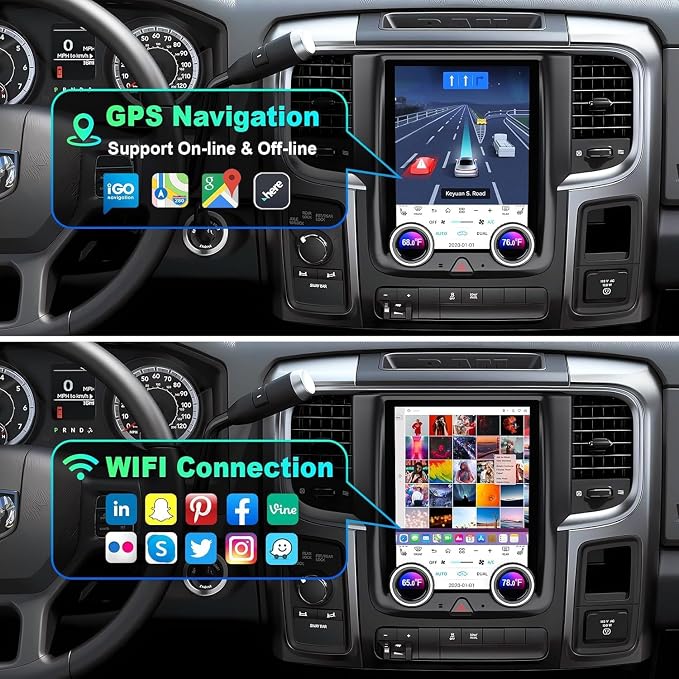 for Dodge Ram 1500/2500/3500 Manual AC Android 13 Car Radio 8-core, 10.4 Inch IPS Touch Screen Car Stereo with Wireless Carplay/Android Auto,GPS, WiFi, Bluetooth, FM, DVR
