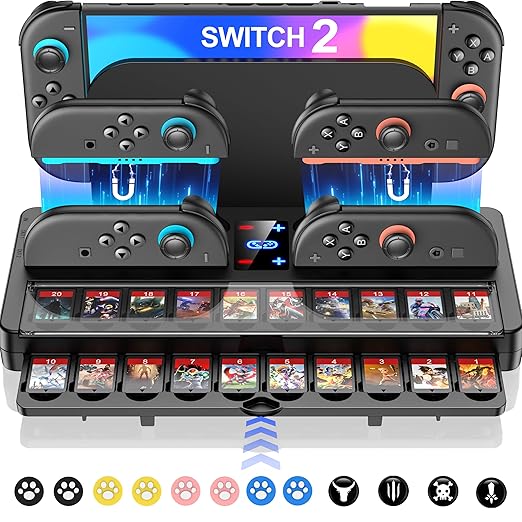 25 Slots Switch 2 Charging Organizer Storage Compatible with Nintendo 2 Accessories w Extended USB C Cable & LED Indicator (M-Charging Organizer w Joystick Covers)
