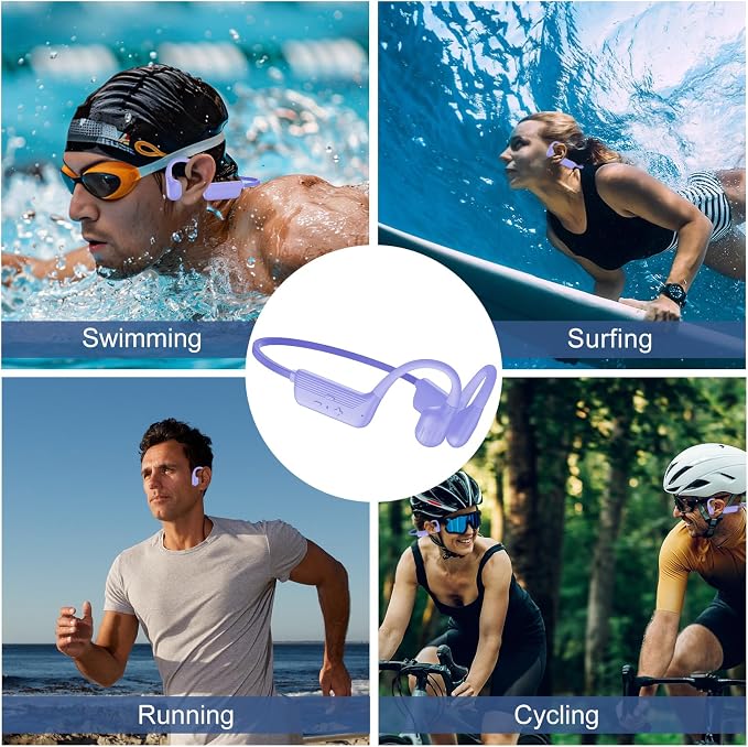Swimming Headphones Underwater, IP68 Waterproof Bone Conduction Headphones, Bluetooth 6.0 Open Ear Swim Earbuds with 32GB Built-in MP3,Adjustable Headband for Swim Cap/Hat,Dual Device Pairing (Purple