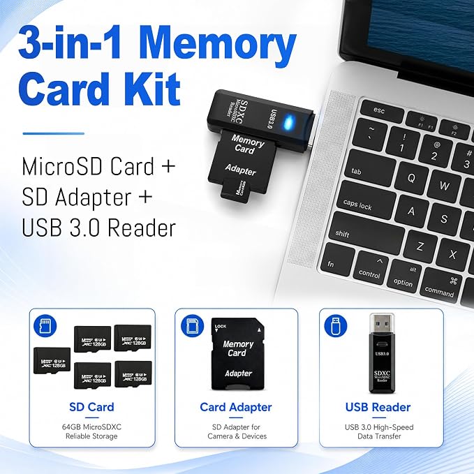 5-Pack 128GB Micro SD Card for Dash Cam, Security Camera, Retro Gaming, with USB-A 3.0 Reader & SD Adapter, U3 V30 A1 Class 10
