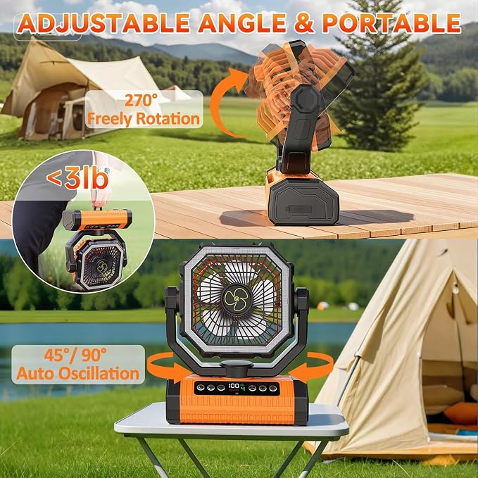 Camping Fan Rechargeable, 24000mAh Battery Powered Fan with Digital Display, 4 Speed Rechargeable Fans Portable with Remote, Cordless Battery Operated Fans with LED Light and Hanging Hook for Outdoor