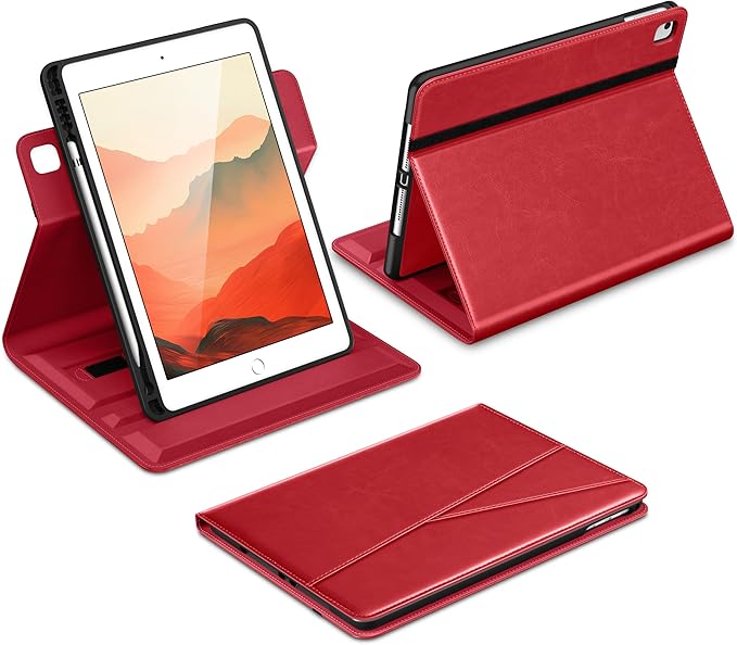 DTTO for iPad 6th / 5th Generation 9.7 Inch (2018/2017), iPad Air 2 / Air 1 Case, 360 Degree Rotating Premium Leather Folio Stand Cover with Pencil Holder, Red