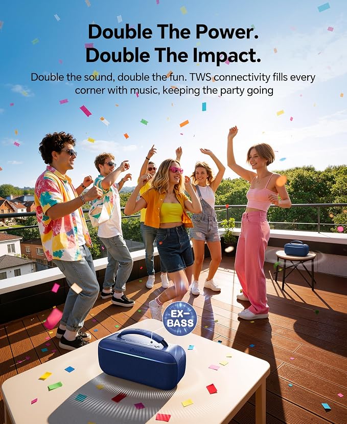 dbsono Portable Bluetooth Speaker Wireless: 100W(Peak) SoundPulse 2.0 with BassBoost, Waterproof Loud Party Speakers, Unlimited Pairing, TWS for Outdoor/Indoor, Beach Vacation Essential, Blue