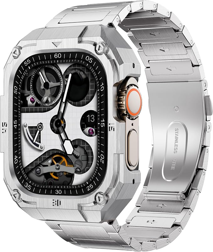 Stainless Steel Case and Band Compatible for Apple Watch Ultra 2 Band/Apple Watch Band 49mm 45mm 44mm 42mm,Fomal Metal iWatch Ultra/Ultra 2 Case with Strap for Men Series 9 8 7 6 5 4 SE (silver, 44mm (Series 6 5 4 SE）)