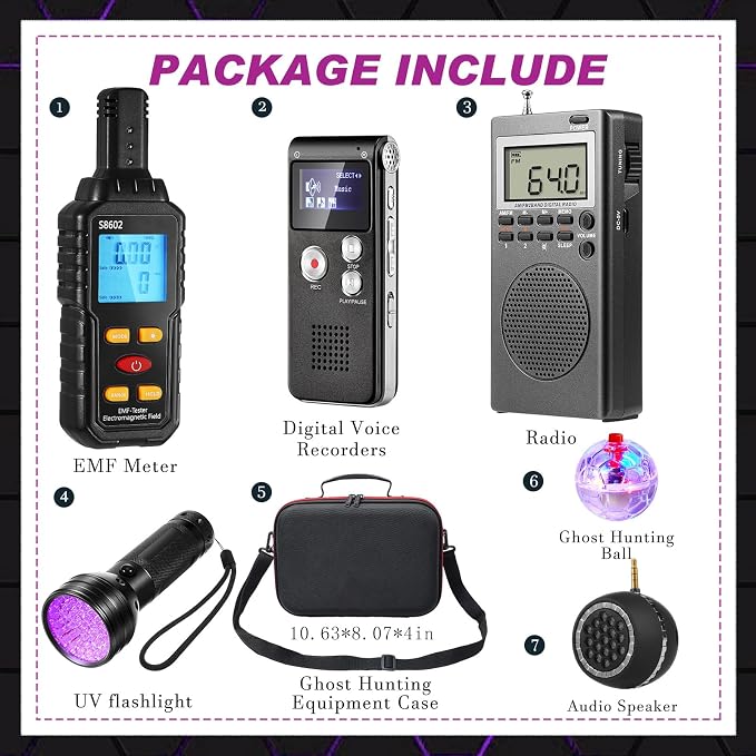 Dunzy 8 Pcs Ghost Hunting Equipment Kit, Include 1 Emf Meter 1 EVP Voice Recorders 1 Spirit Ghost Hunting Research Case 1 Flashlight 1 Speaker 2 Motion Light up Cat Balls 1 Radio(Emf Meter 5, Radio 2)