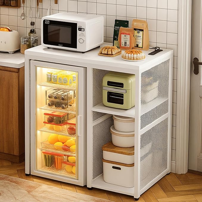 Homieasy Mini Fridge Cabinet with Power Outlet, Coffee Bar Cabinet with Mini Fridge Space, Industrial Liquor Cabinet with Wine Storage & Glass Holder for Dorm, Living Room, Home Kitchen, White