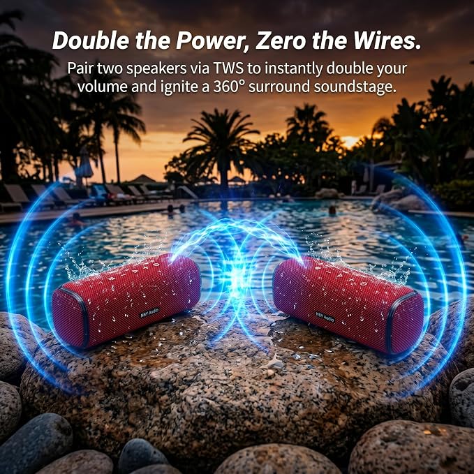 Portable Outdoor Bluetooth Speaker for Camping Showers, IPX7 Waterproof Floating, 25H Playtime, Interacitve Tap-to-Play Drum Beats, RGB Lights for Sports, Hiking, Party, Red