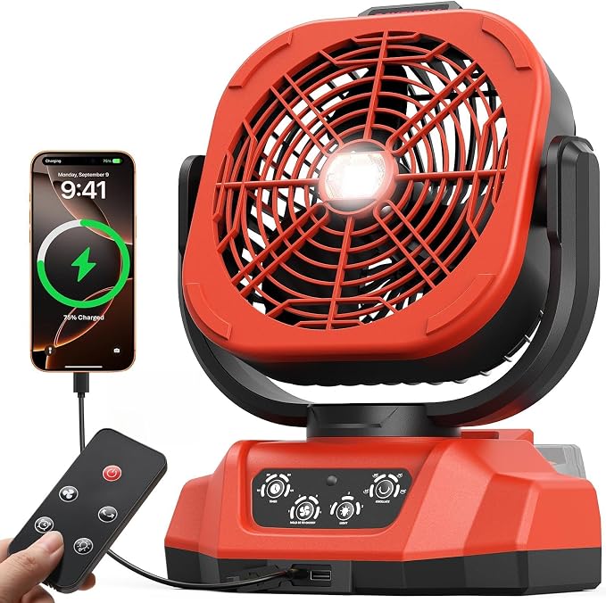 Battery Operated Fan for Milwaukee M18 battery, Camping Fan with USB A/C & LED Lights, 4 Speeds & Remote Control, Portable/Cordless/Battery Powered fan, for Outside, Jobsite (Battery Not Included)