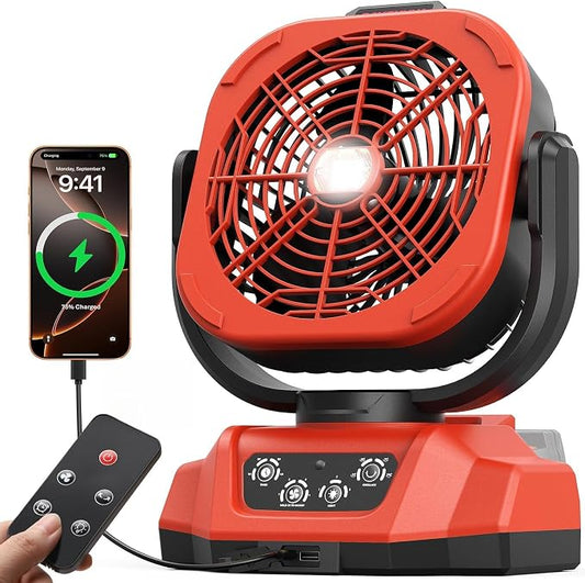 Battery Operated Fan for Milwaukee M18 battery, Camping Fan with USB A/C & LED Lights, 4 Speeds & Remote Control, Portable/Cordless/Battery Powered fan, for Outside, Jobsite (Battery Not Included)