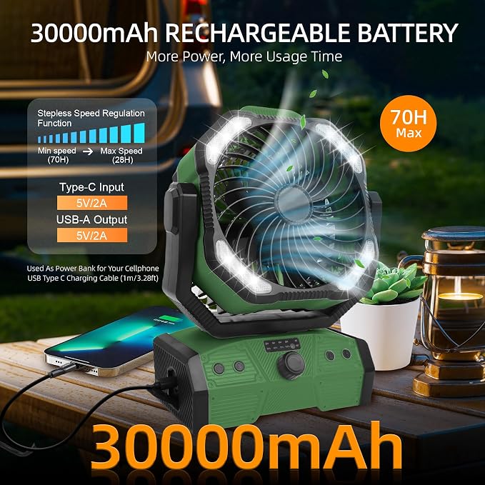 ELZO 30000mAh Camping Fan with LED Light, Max 70H Working, Cordless Portable Rechargeable Desk Tent USB Fan with Remote Hook, Head Rotation, Stepless Speed, for Home Outdoor Office Travel Fishing