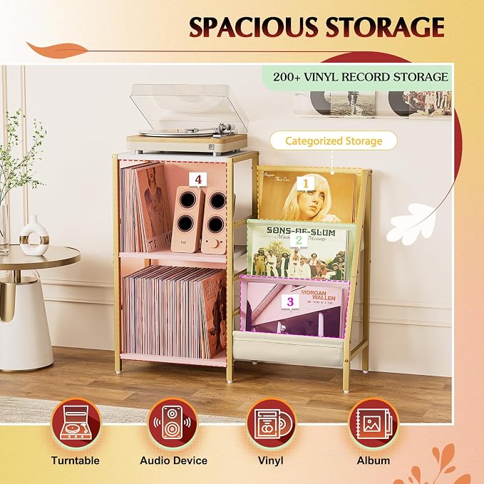 Record Player Stand, Turntable Stand with 3-Tier Vinyl Record Storage, Record Player Table 200 Albums, End Table with Vinyl Display Holder Shelf, Record Player Cabinet Media Console for Stereo,Gold