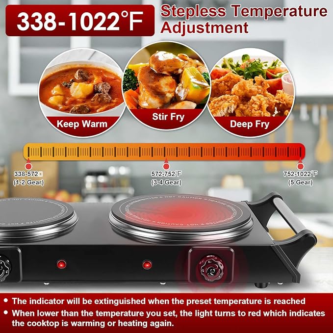 1800W Electric Double Burner, Portable Electric Stove, Hot Plate Countertop with Adjustable Temperature & Stay Cool Handles for RV Camping Home Dorm