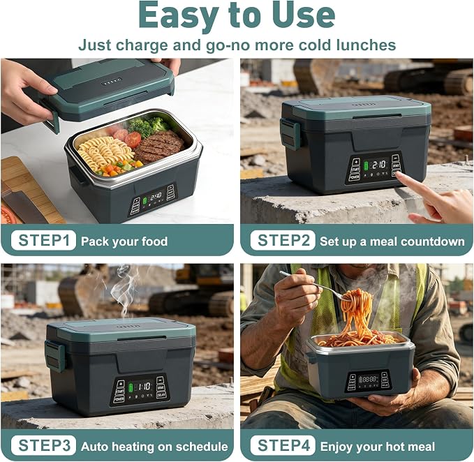 Cordless Electric Lunch Box for Adults, APP Control Heated Lunch Box for Men, 18000mAh Battery Powered Portable Food Warmer w/ Timer, Auto Heating 5-side Rechargeable 248°F for Work/Outdoor/Gifts