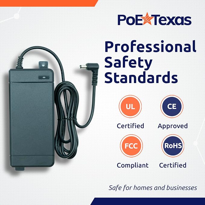 PoE Texas 48 Volt 120 Watt DC Power Supply with Wall Mount Tabs - Compatible with Power Over Ethernet Injectors, Switches, and Other Applications - 100-240V AC Input - 5.5X 2.1mm DC Barrel Connector