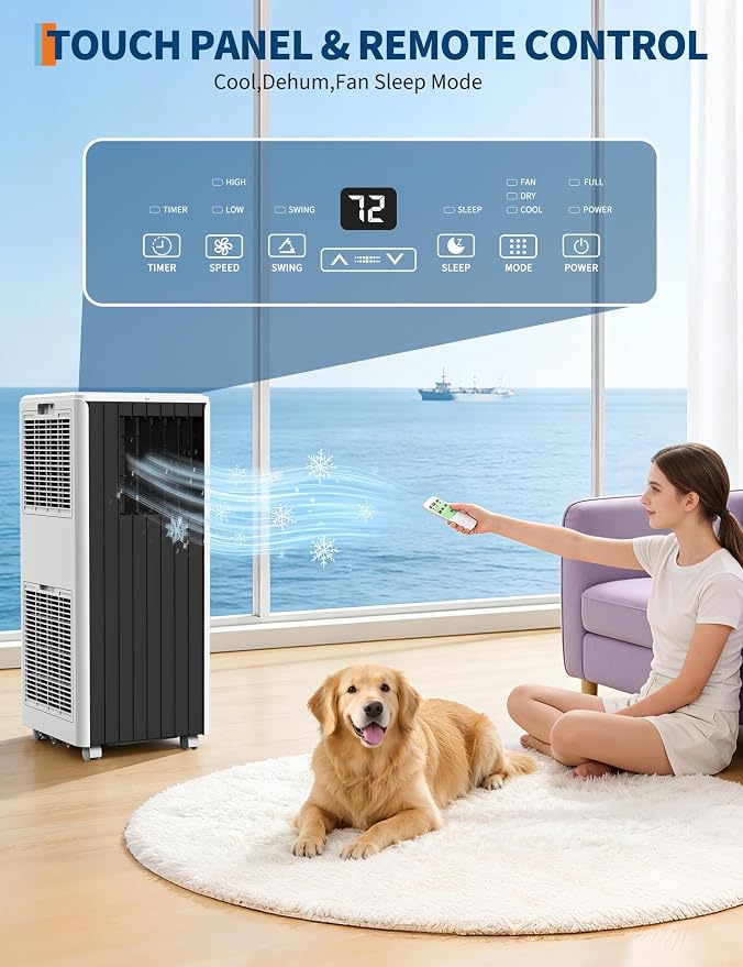 8000 BTU Portable Air Conditioner - 3 in-1 AC Unit Cools 350 Sq. Ft Rooms, Quiet 50 dB Operation w/Touch Control & Remote, Includes Window Kit & 24H Timer, Dehumidifier & Fan Modes for Bedroom, Black