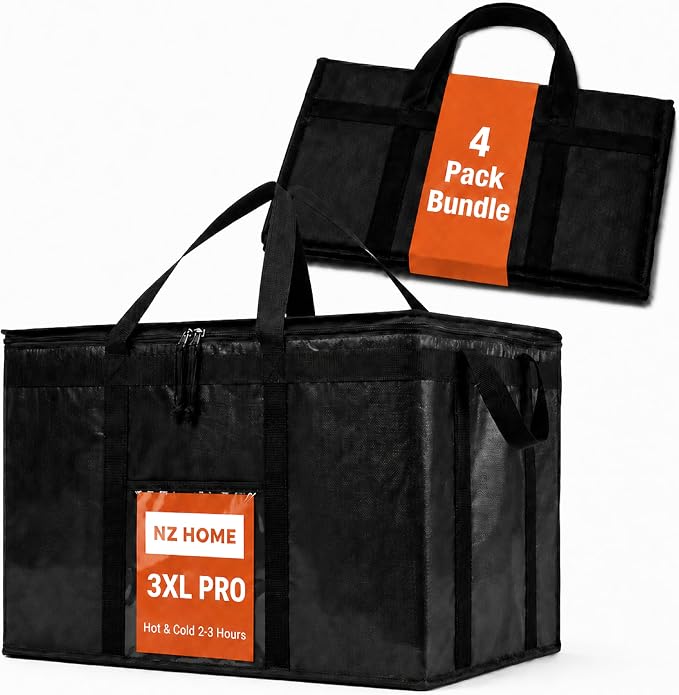NZ home Insulated Bags for Food Delivery (3XL PRO) Grocery Shopping Cooler Bag, Pizza Delivery, Hot & Cold Catering Tote, Reusable, Foldable & Heavy Duty (4 Pack, Black)