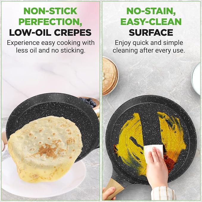 NutriChef 2-Pack Non-Stick Crepe Pan Set – 11” Marble Coated Dosa Pans with Wooden Spreaders, Bakelite and Wood Handles, Induction-Compatible, Easy-to-Clean, Stain-Resistant (Black Marble)