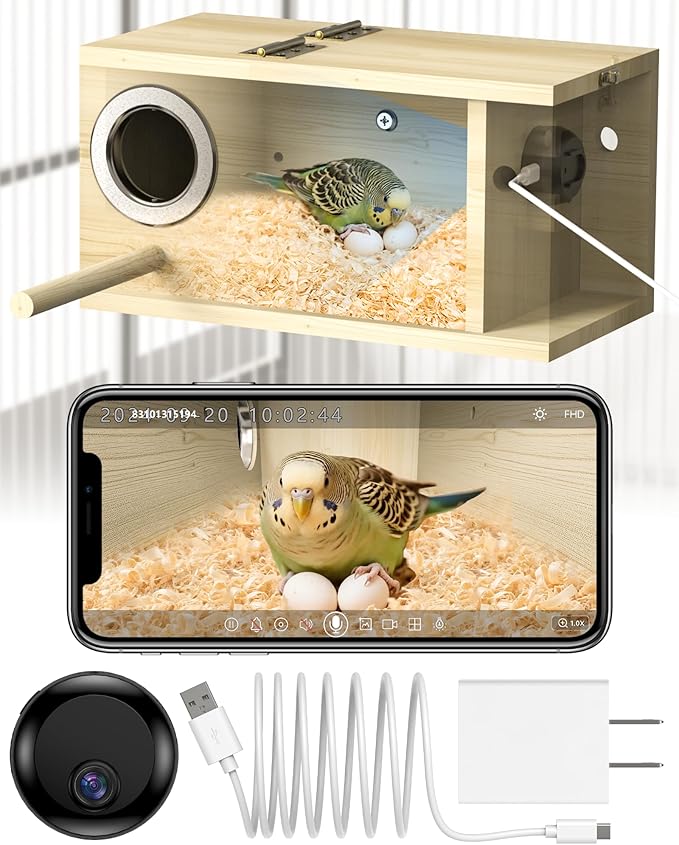 Parakeet Nesting Box,Bird House with Camera,Natural Bird Nest Box with 1080P Wi-Fi Camera, Visual Breeding Record for Pet Bird Budgies, Parrots, Finches, Canaries