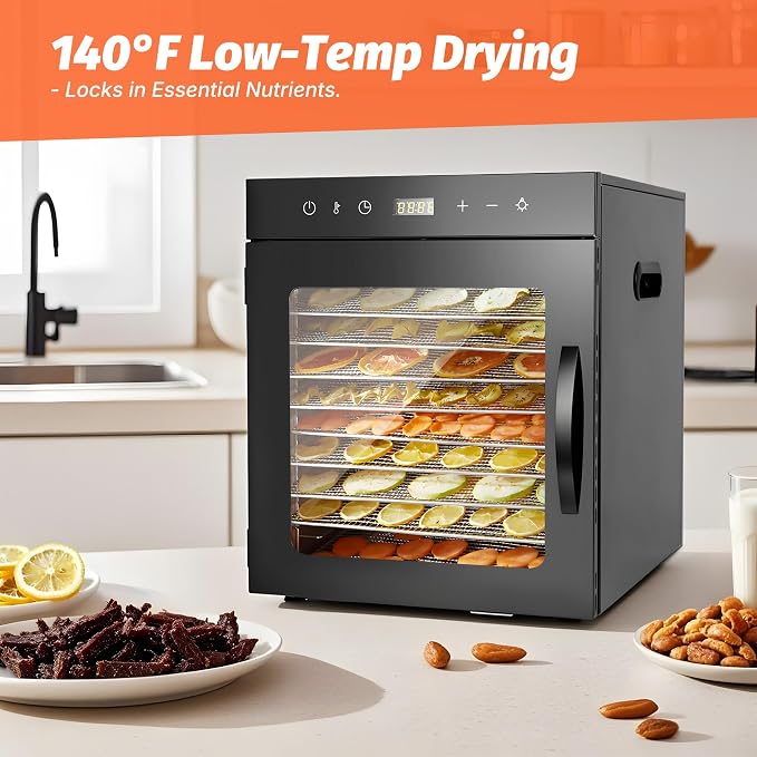 CLIVIA Commercial Food Dehydrator, 10 Stainless Steel Trays, Food Dryer Dehydrator Machine, 194°F Temp. Control, 24H Timer, for Dogs Treats, Meat, Fruits, Viggies, Herbs