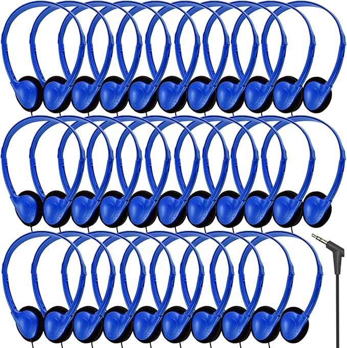 Bulk Earbud Headphones 50 Pack for School Classroom Kids, Wholesale Wired Durable Earphones Class Set for Students Children Toddler Teens Boys Girls and Adult (HY857,50 Blue)