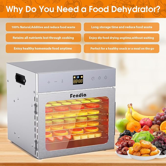 Dehydrators for Jerky, 8 Stainless Steel Trays, 600W Fruit Dehydrator, 24H Timer and 190°F Temperature Control, Overheat Protection, Food Dryer for Jerky, Herbs, Fruit, Dog Treats