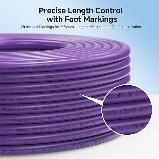 Cable Matters [UL Listed] 10Gbps in-Wall (CM) Rated 23AWG Bare Copper Cat 6 Cable - 1000ft, Solid, UTP Cat6 Bulk Ethernet Cable, Cat6 Ethernet Cord, Purple