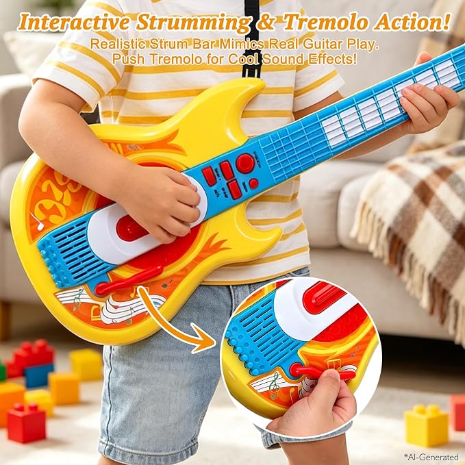Sealive Toy Guitar for Kids Ages 3-5, 22 Inch Electric Guitar with Strap | Toy Guitar for Toddler 3-5, Pretend Play, Music Learning, Birthday Gift, Flashing Lights, Realistic Strumming, Yellow