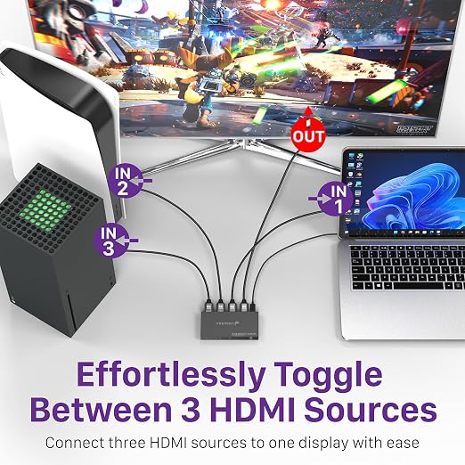 Fosmon 3-Port HDMI 8K Switch with Remote, Support 8K@60Hz 4K@120Hz HDR10+ HDCP 2.3 High Speed 48Gbps 3 in 1 Out Auto-Switching 3x1 HDMI 2.1 Switcher Splitter Hub Compatible with PS5, Xbox X, Apple TV