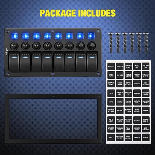Nilight 8 Gang Rocker Switch Panel Waterproof Pre-Wired Marine with Resettable Circuit Breaker LED Backlight 5A 10A 15A Breakers 12V 24V ON Off 3 PIN Toggle Switches for Car Truck Boat RV