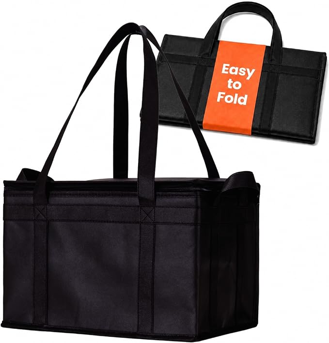 NZ home Insulated Bags for Food Delivery (Large) Grocery Shopping Cooler Bag, Pizza Delivery, Hot & Cold Catering Tote, Reusable, Foldable & Heavy Duty (Black)