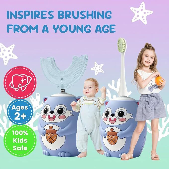 Kids U-Shaped Automatic Electric Toothbrush, Children’s 360° Mouthpiece Design for Full-Mouth Cleaning, 3 Cleaning Modes, Cute Animal Squirrel Style