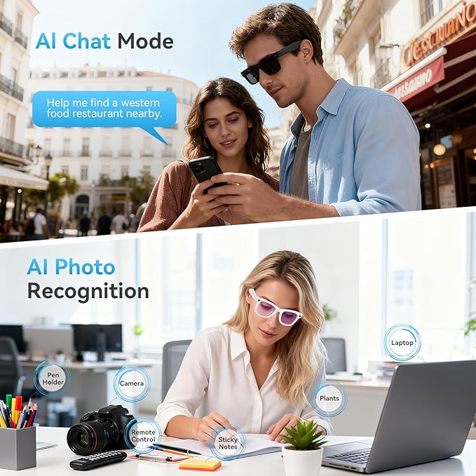 AI Smart Glasses for Men Women,8MP 2K HD Camera Glasses,AI Voice Control,AI Photo Recognition,Real-Time Translation,Smart Sunglasses with Bluetooth Call,IP67 Waterproof for Driving,Outdoor,+2 Lenses.