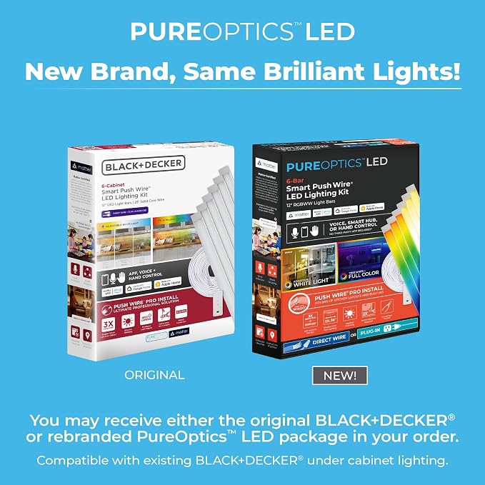 PureOptics LED Professional Push Wire® Matter Certified Smart Under Cabinet Lighting Kit, Adjustable White and RGB LEDs, Works with Alexa, Apple Home, Google Home, (6) 12" Bars