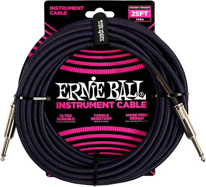 Ernie Ball Braided Instrument Cable, Straight Straight, 25ft, Purple/Black