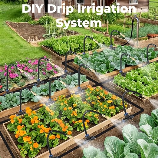 130FT Drip Irrigation System for Garden: 20 Nozzles 1/4" PE Tubing Automatic Watering Kit Adjustable Misting Sprinkler Mister Hose for Water Plants Tape Raised Beds Lawn Outdoor Yard Greenhouse 130FT