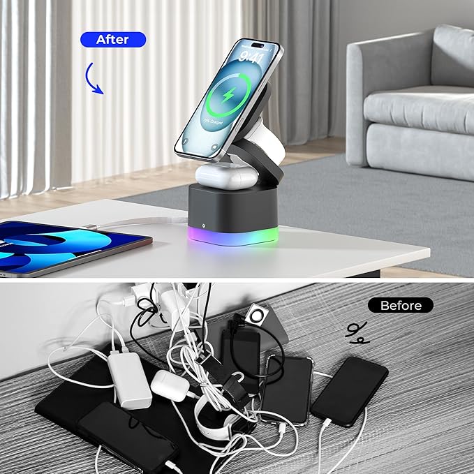 5 in 1 Magnetic Wireless Charger Stand with Night Light, Foldable Wireless Charging Station Built-in Retractable Cable, Fast Wireless Charger for iPhone 17/16/15/14/13/12, Apple Watch, AirPods Pro 3