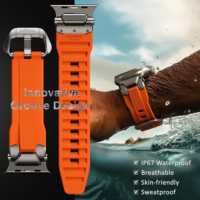 ULTIMAL Rugged Band for Apple Watch Ultra 3/2/1 49mm, Series 11/10/9/8/7/6/5/4 SE 46mm/45mm/44mm, Waterproof, Soft TPU Strap with Stainless Steel Buckle & Connectors, Sweat-Resistant, Easy to Clean, Fits 155-225mm Wrist (Titanium/Orange)