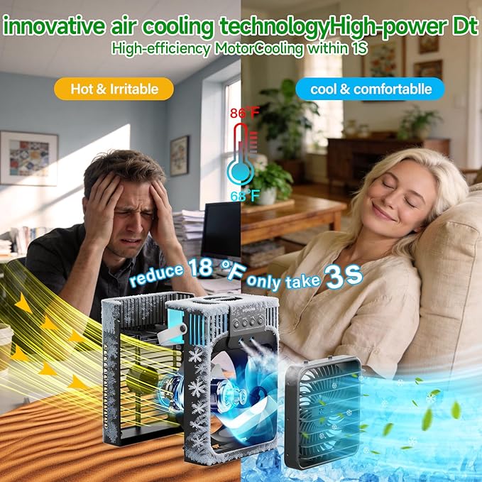Portable air conditions with remote control, silent with 3 speeds, cooling fan of 1200 ml Personal Air Cooler Fan with 3 Mist, 7 Night Light, 8H Timer, Small Air Conditioner for Bedroom Office