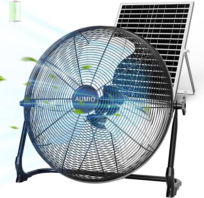 AUMIO 16" Solar Powered Floor Fan, Battery Operated Solar Fan with 25W Solar Panel & 15600mAh Battery, 1050 CFM High Velocity Airflow, 4-25H Runtime for Outdoor Camping, Power Outage, Patio, RV