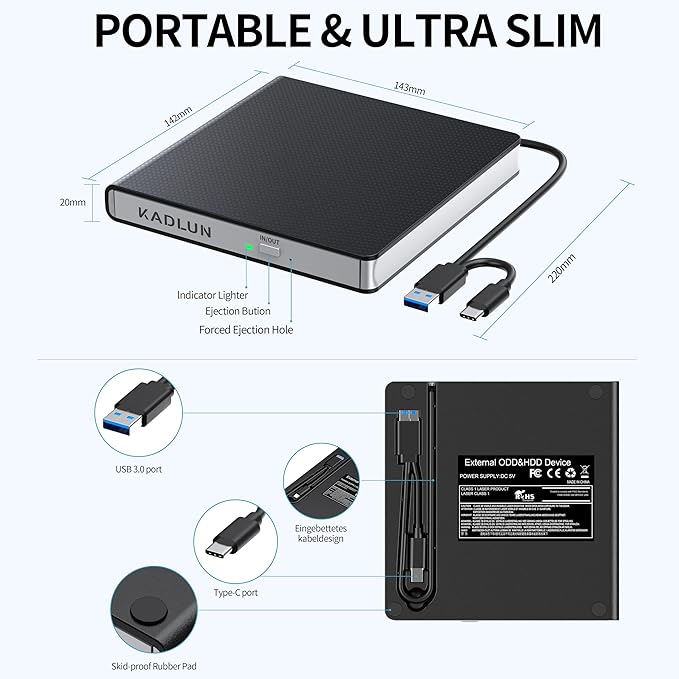 External CD DVD Drive for Laptop USB 3.0 USB C CD Burner External DVD Drive Portable CD ROM Burner Reader Writer Drive External DVD Player for Laptop Desktop PC Windows 11/10/8/7 MacBook Mac OS Linux