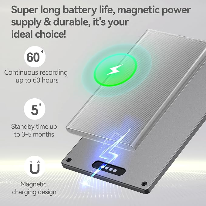 Ultra-Thin AI Voice Recorder with APP Control Support Unlimited Transcribe & Summarize, AI Note Taker with DSP Noise Cancellation,AI Recording Device for Meetings, Interviews, Lectures, Calls, Grey