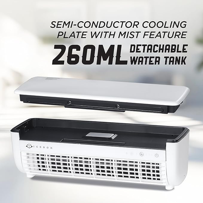 IceBox Cooling Mist Fan, Small Portable Fan with Evaporative Humidifier, For Desk or Wall Mount, 3 Speeds, 8.8oz/260ml Tank, Battery or USB-C Operation, Remote, USB-C Cable, IBCF200W, White/Gray