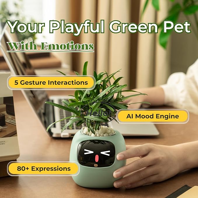 PLANTSIO Ivy AI Smart Planter Intelligent Flower Pot for Home Decoration Plants Companion Neat Desk Setup Gift Pet Planter Robot Guidance on Plant Care with Emojis (Mint)