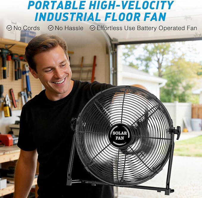 DBF 20" Solar Powered Fan for Outdoor - 30000mAh Rechargeable Floor Fan with 40W Solar Panel, 18 Speed, 12-60H Runtime, Quiet Cordless Fans for Outside Home Patio Camping Gazebo Outage Greenhouse