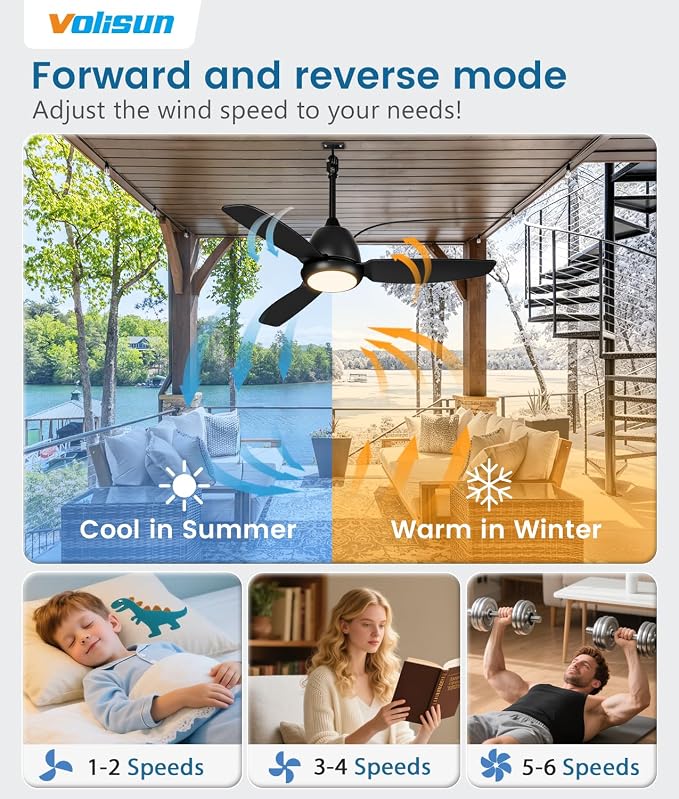 VOLISUN Outdoor Ceiling Fans with Light for Patios, 42in Weatherproof Plug in Ceiling Fan, 3CCT Dimmable Gazebo Ceiling Fan Remote&APP Control, Black Caged Ceiling Fan for Porch, Pergola,Canopy